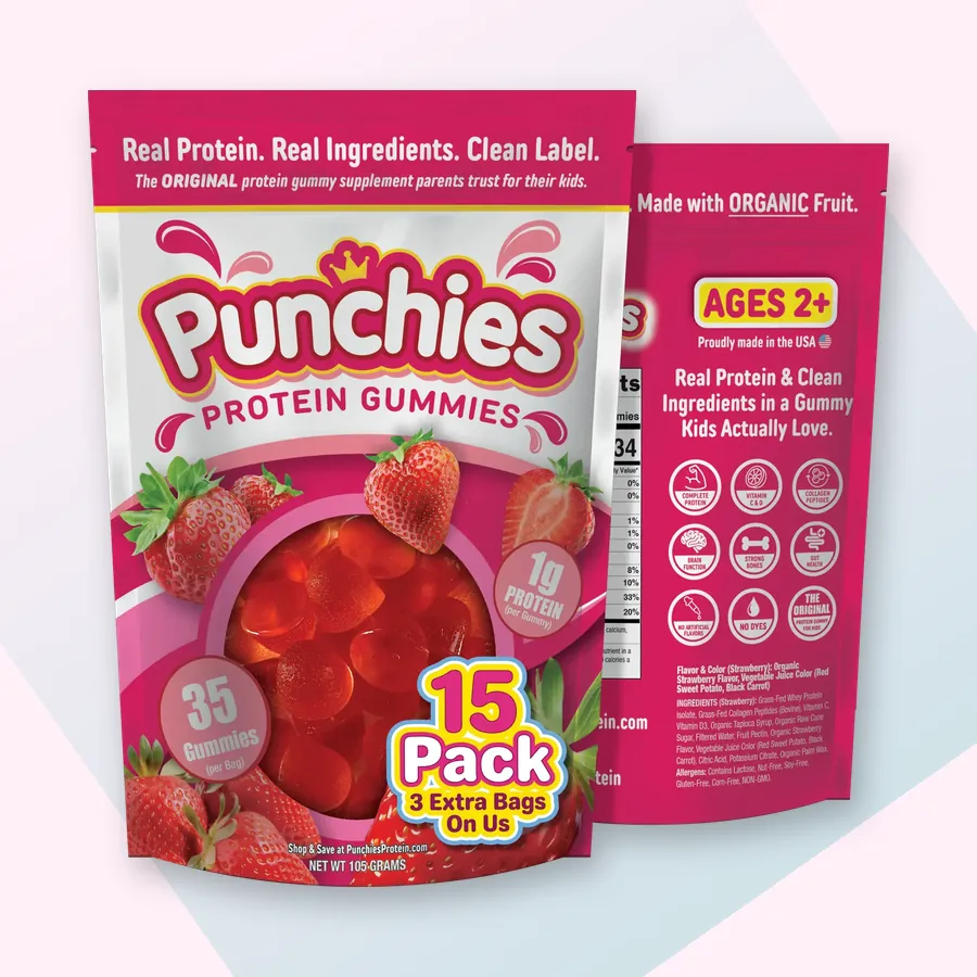 Protein gummies: Punchies strawberry protein gummies, 15-bag pack
