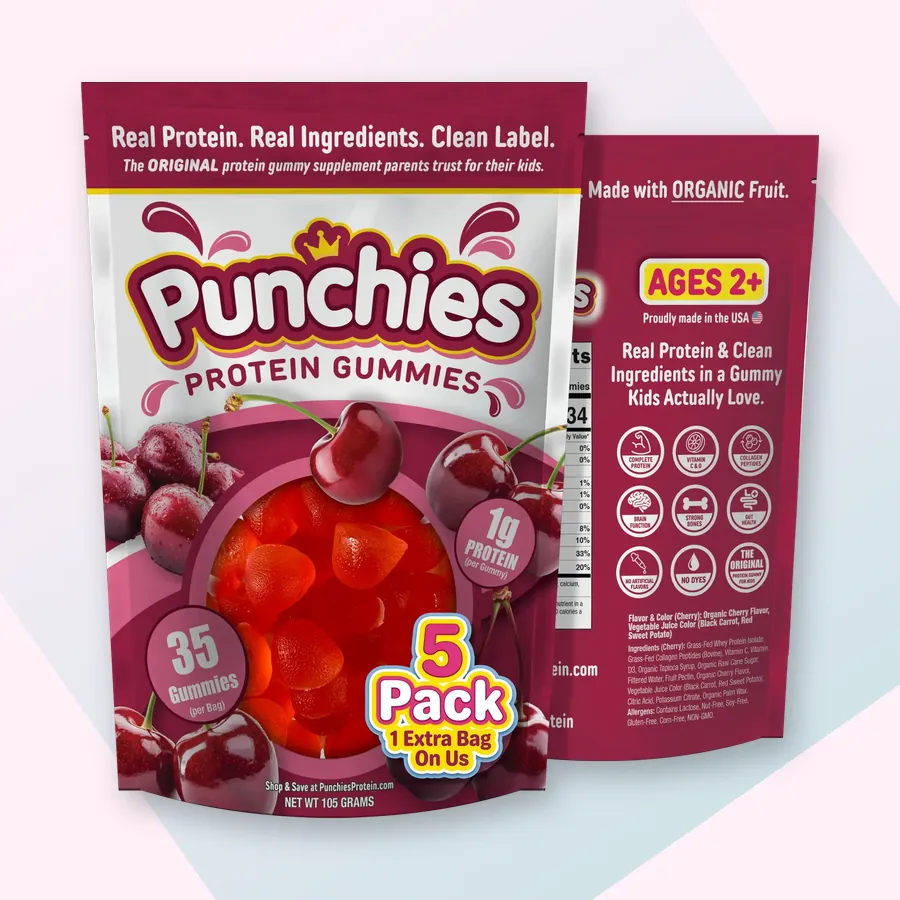 Protein gummies: Punchies cherry protein gummies, 5-bag pack
