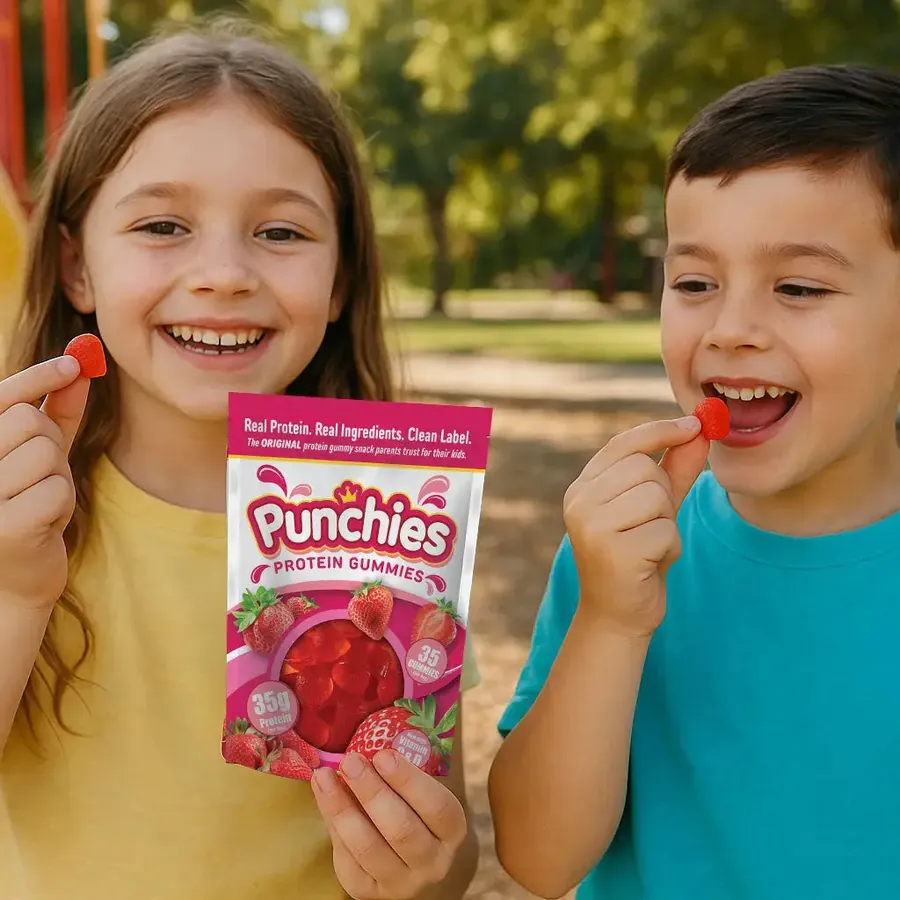 Protein gummies: two kids snacking on Punchies protein gummies